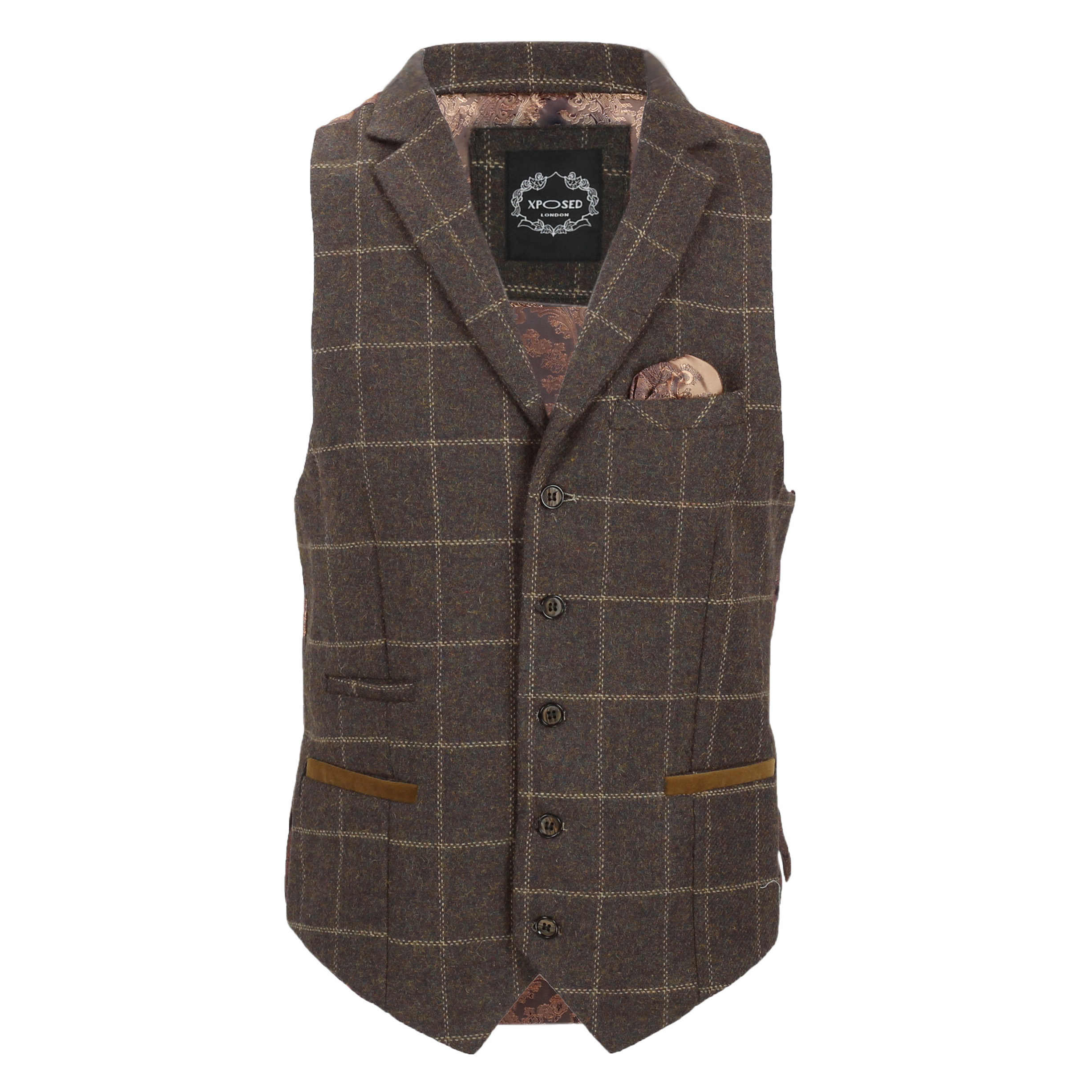 Mens Waistcoat Tweed Wool Mix Herringbone Check Velvet Collar Retro